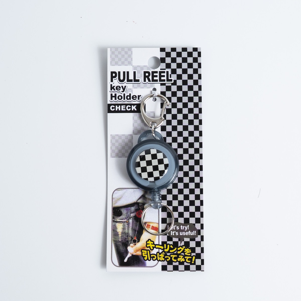 プルリールキーホルダー チェック ブラック 086834