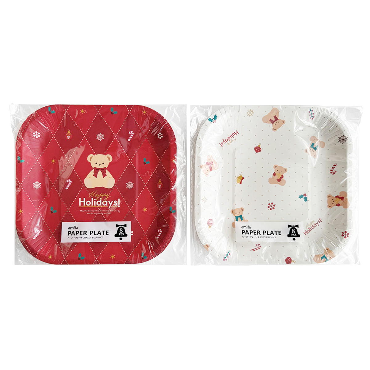 【在庫限り】ペーパープレート 8P スクエア ホリデーベア 302047