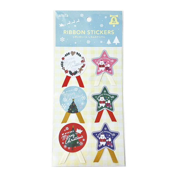 【OUTLET】リボン付シール 6P しろふわアニマル 303211