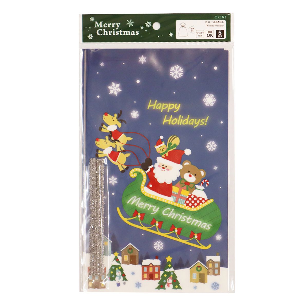 【OUTLET】ギフトバッグ プレゼント用袋 ビニールバッグ L タイ付き5Pクリスマススカイ 304562