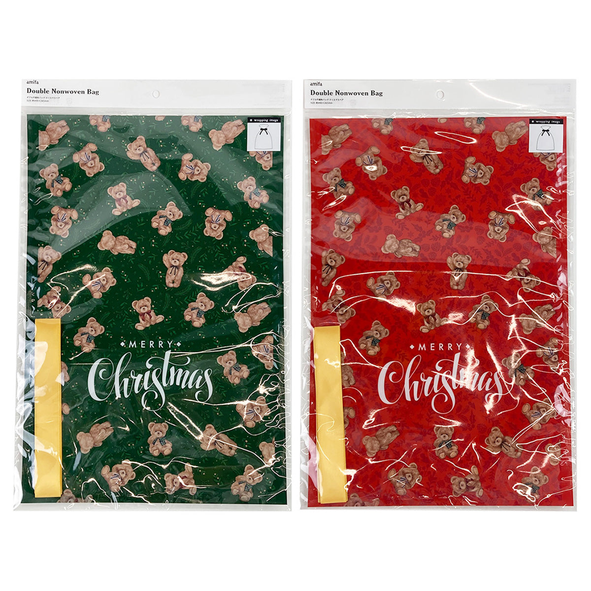 【OUTLET】ギフトバッグ ダブル不織布バッグ クリスマスベア リボン付 304653