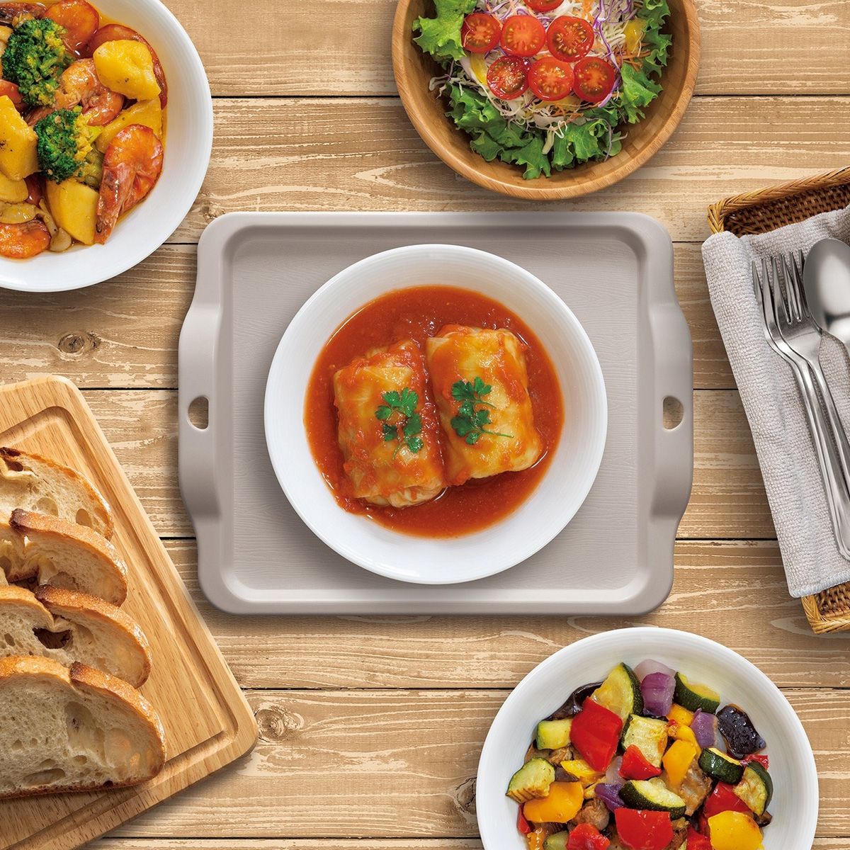 お盆 電子レンジで使えるトレー グレー 木目調 289×229×24mm 342033