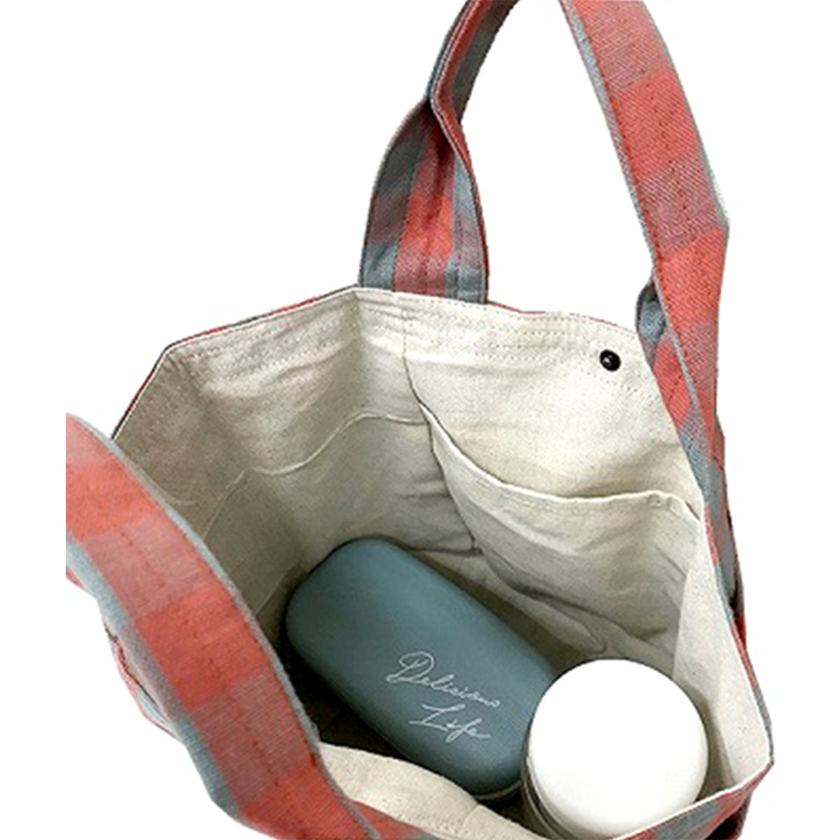 【OUTLET】トートバッグ お弁当 ランチトート インド綿 チェック H25×W37×D16cm CORAL×BLUE GBG7081-110 350115