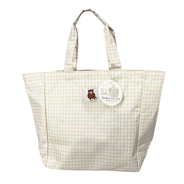 【OUTLET】トートバッグ ランチトート お弁当トート ギンガムチェックミニトート くま ベージュ 38×H25×D14cm 353659