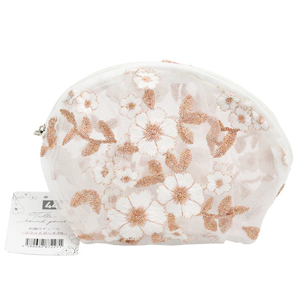 【在庫限り】化粧ポーチ コスメポーチ かわいい ガーリー 小物入れ 花柄刺繍付 チュールラウンドポーチ ピンク 12x11x7cm 356229