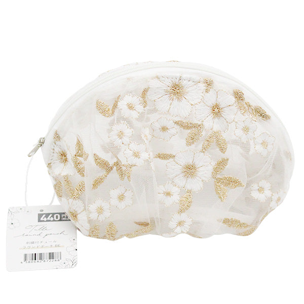 【在庫限り】化粧ポーチ コスメポーチ かわいい ガーリー 小物入れ 花柄刺繍付 チュールラウンドポーチ ベージュ 12x11x7cm 356230