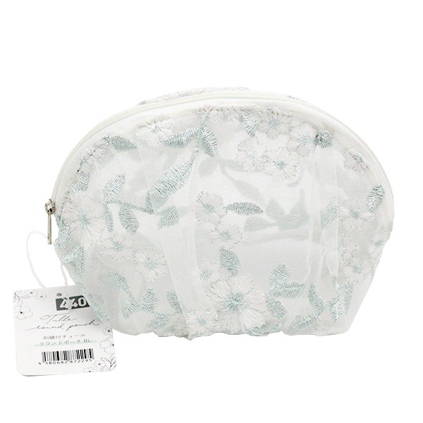 化粧ポーチ コスメポーチ かわいい ガーリー 小物入れ 花柄刺繍付 チュールラウンドポーチ ブルー 12x11x7cm 356231