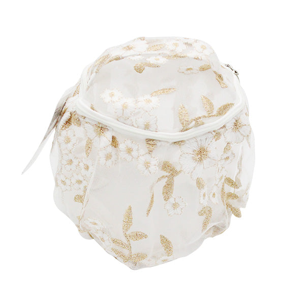 【在庫限り】化粧ポーチ バニティポーチ コスメポーチ 自立 かわいい ガーリー 小物入れ 花柄刺繍付チュール ベージュ 12.5x13x13cm 356233