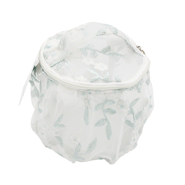 【在庫限り】化粧ポーチ バニティポーチ コスメポーチ 自立 かわいい ガーリー 小物入れ 花柄刺繍付チュール ブルー 12.5x13x13cm 356234