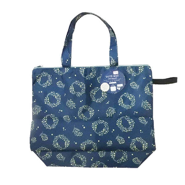 トートバッグ エコバッグ 折りたたみ 手提げ 肩がけバッグ ファスナー付トートバッグミモザ柄 ネイビー 縦38×横33×マチ12cm 356292