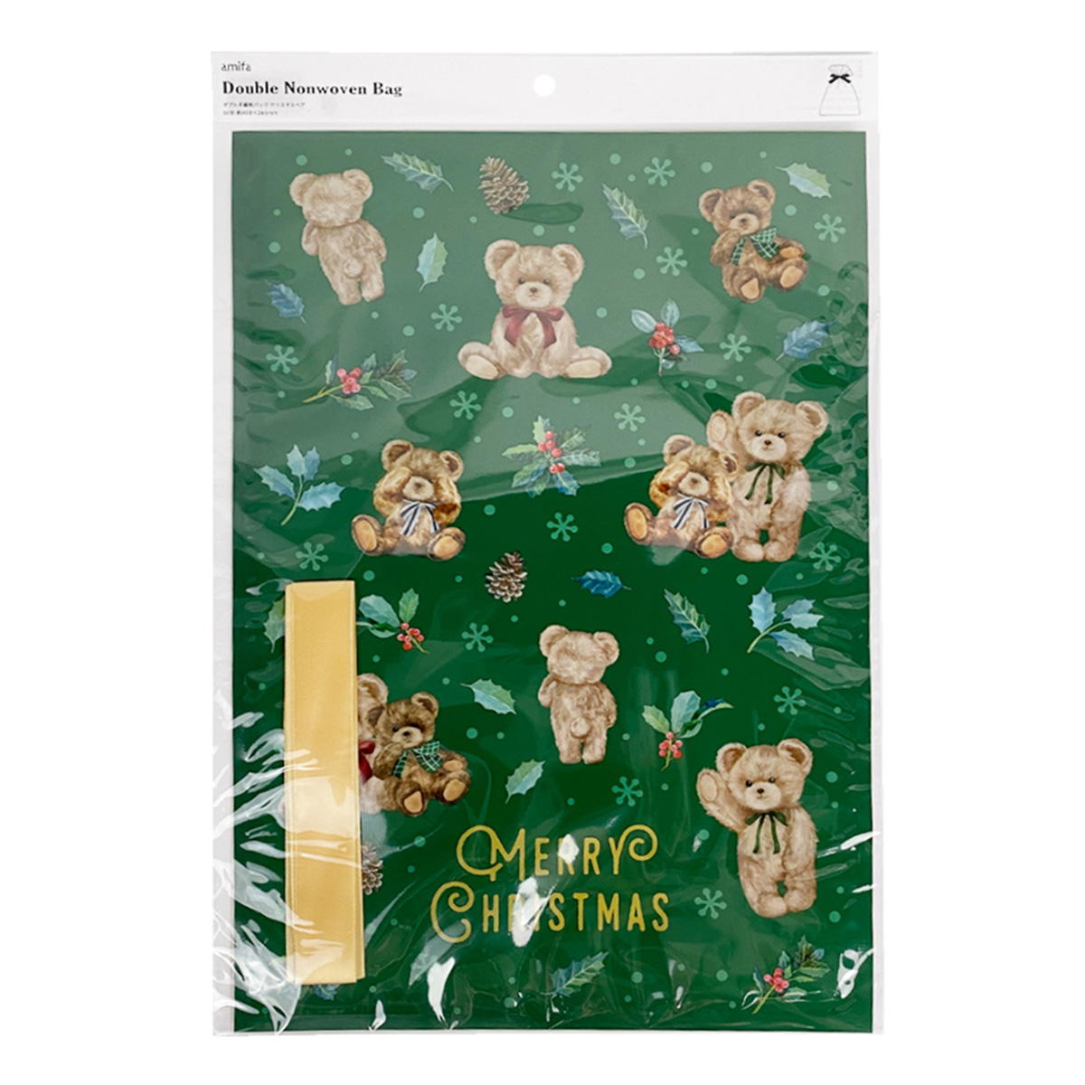 【OUTLET】ダブル不織布バッグ クリスマスベア リボン付 369666