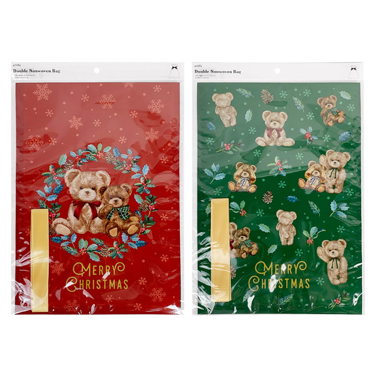 【OUTLET】ダブル不織布バッグ クリスマスベア リボン付 369666
