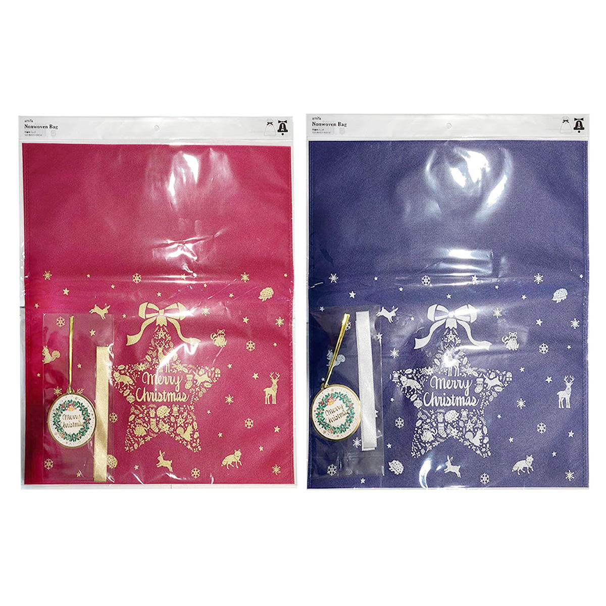 不織布バッグ L クリスマスフォレスト リボンタグ付 369678