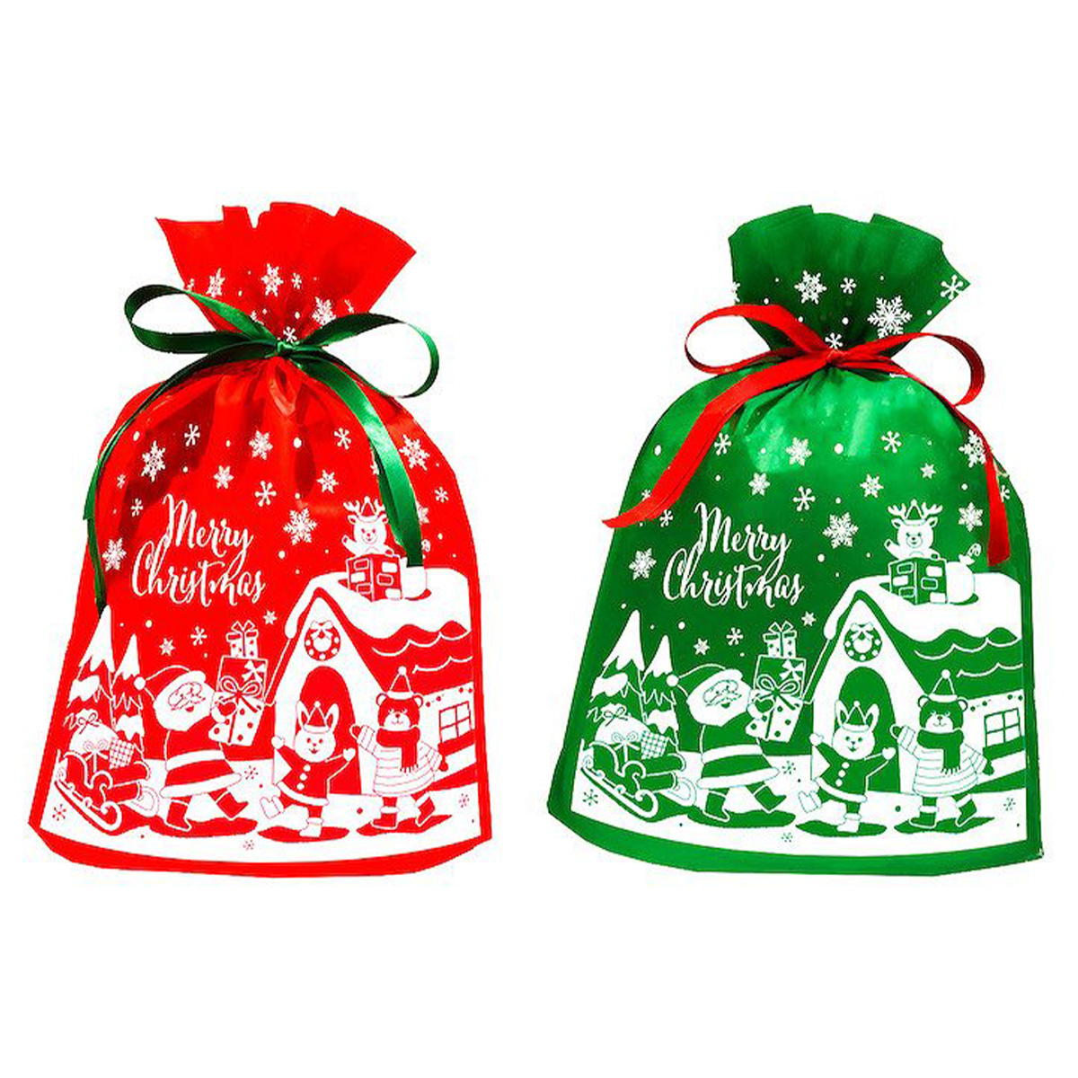 【OUTLET】クリスマスギフトバッグ プレゼント 巾着バッグLL 不織布 マチ付 サンタ 369780