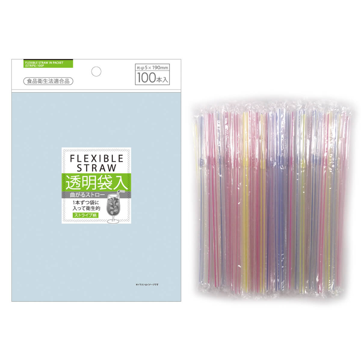袋入曲がるストロー 100本入 ストライプ 5×190　030746