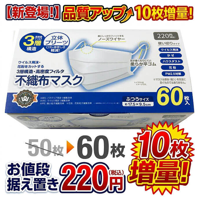 PB.3層構造不織布マスク 大人用 60枚 078095