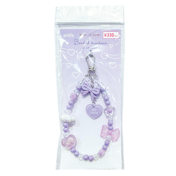 花柄ハートモチーフ キーホルダー パープルビーズ付き　091601 花柄ハートモチーフ キーホルダー パープルビーズ付き 091601 花柄
