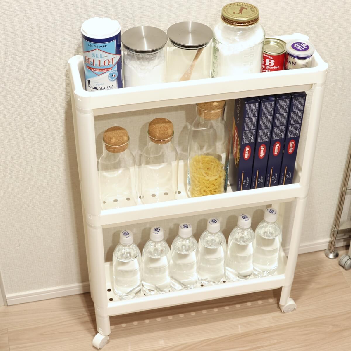 アイボリー 3段ワゴン プラスチック製 キャスター付き