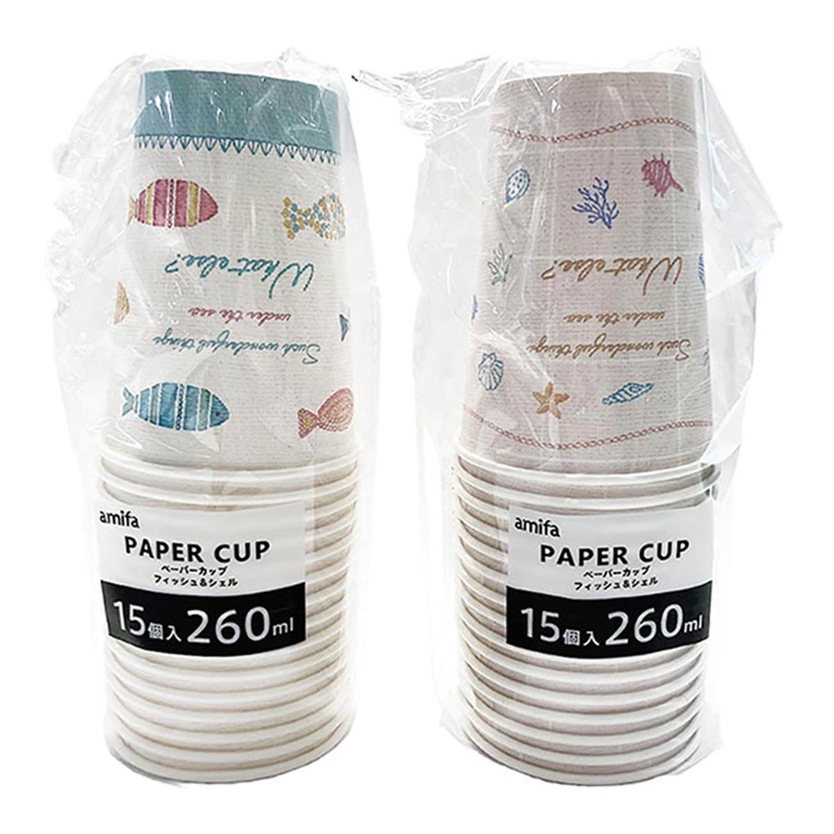 【在庫限り】ペーパーカップ 260ml 15P フィッシュ&シェル 325999