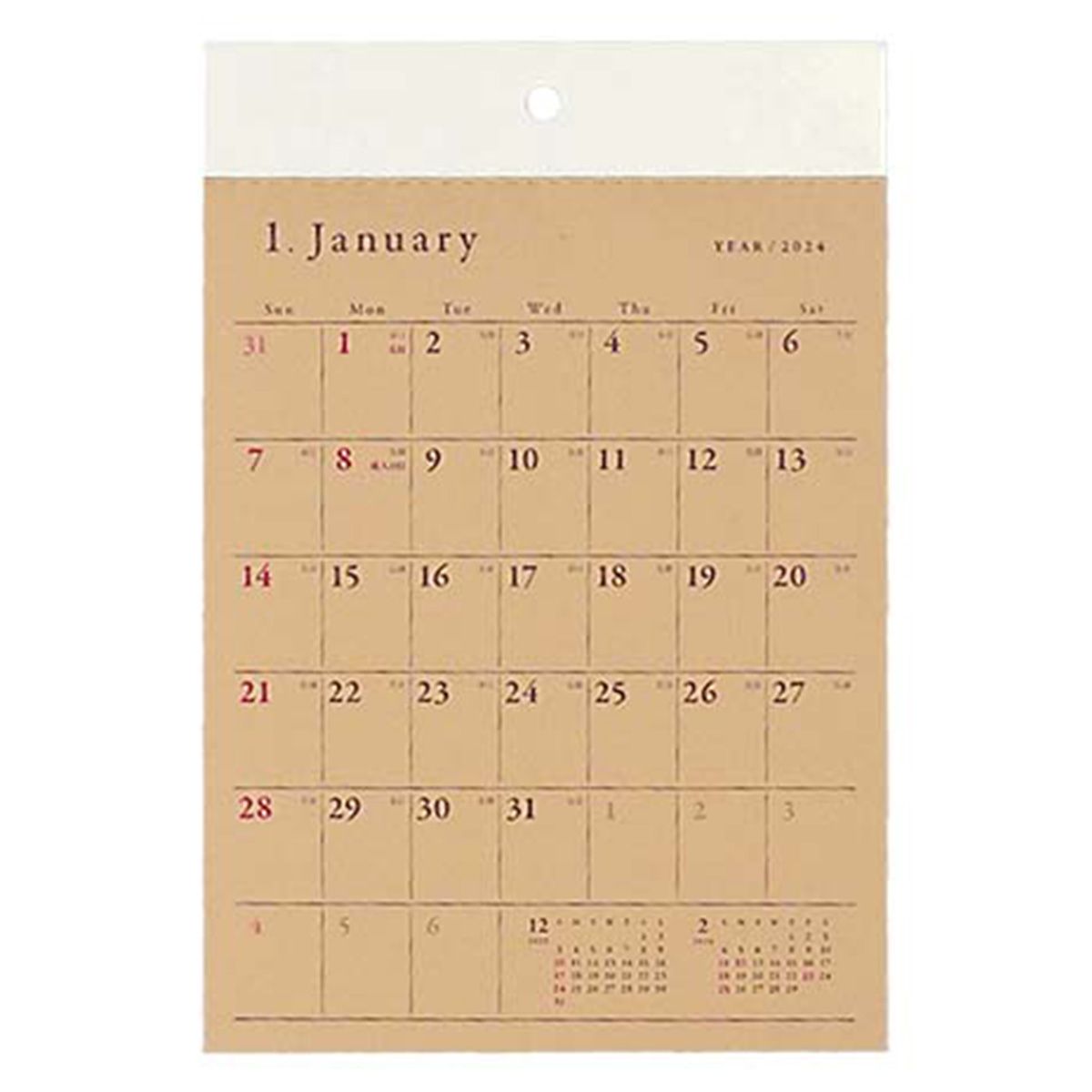 【在庫限り】壁掛けカレンダー 2024年 カレンダー 壁掛け A5クラフト シンプル 351868