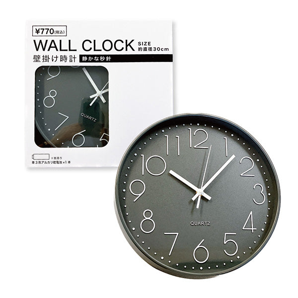 掛け時計 壁掛け時計 ウォールクロック シンプル 直径30cm グレー　355300
