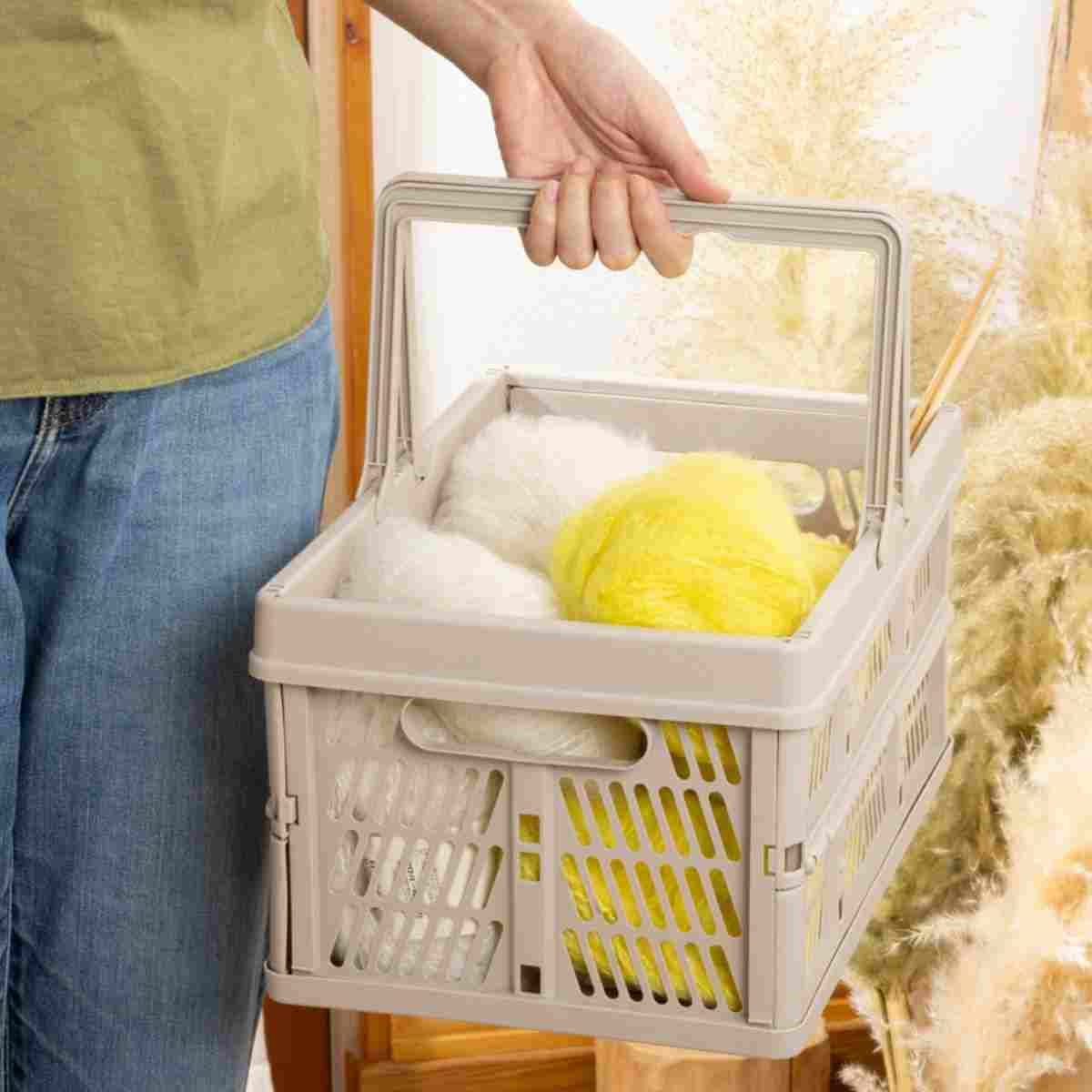 コンテナバスケット 収納ケース 収納ボックス コンテナボックス 折りたたみ 持ち手つきコンテナ M 約25x38x20cm ベージュ　355806