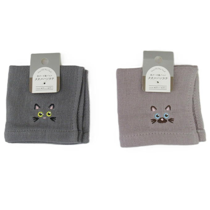 表ガーゼ裏パイルタオルハンカチ刺繍付ネコ 365258
