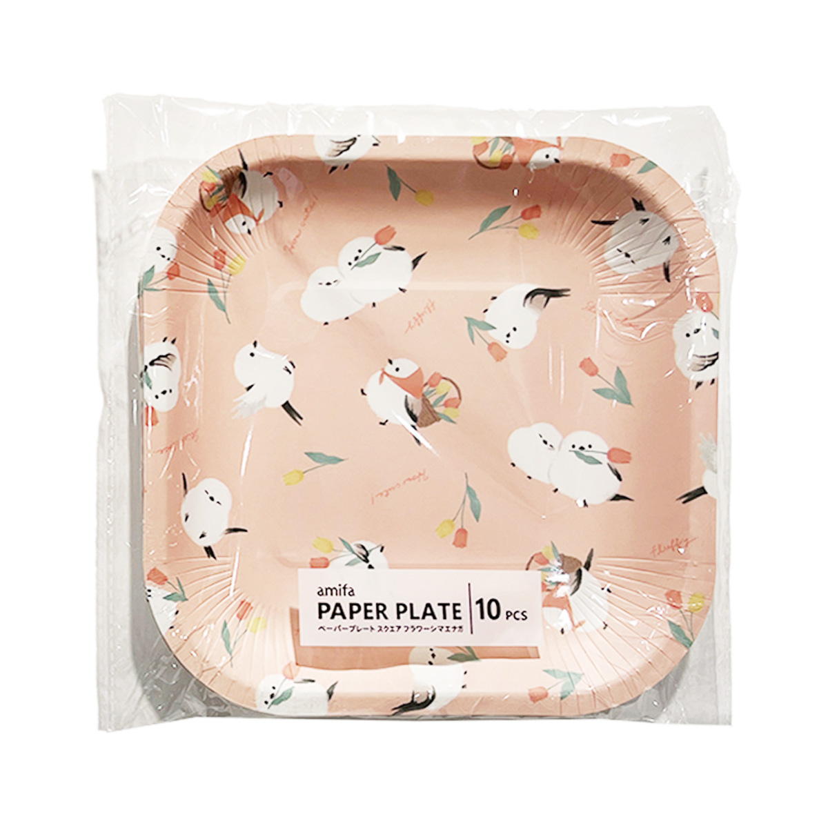 ペーパープレート スクエア 10P フラワーシマエナガ 372085
