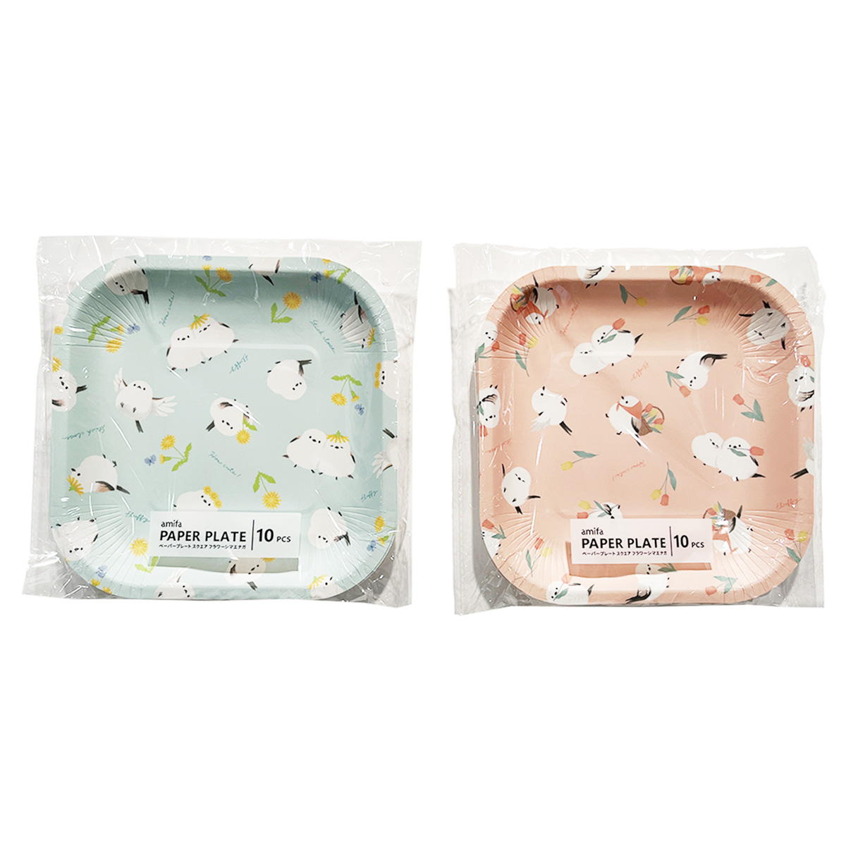 ペーパープレート スクエア 10P フラワーシマエナガ 372085