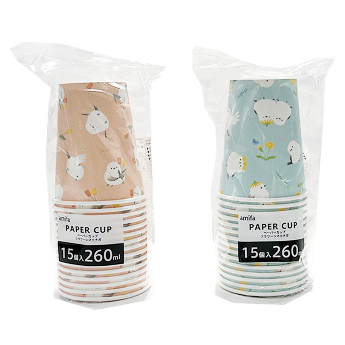 ペーパーカップ 260ml 15P フラワーシマエナガ 372086